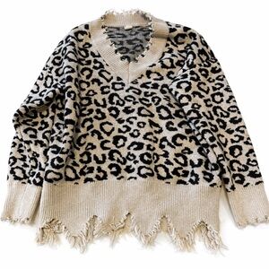 7th Ray Small Leopard Print Distressed Sweater